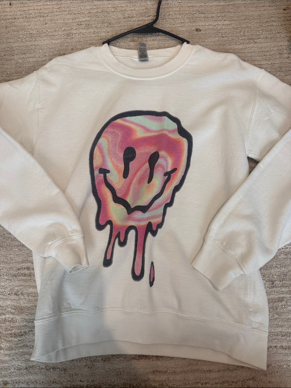 White Graphic Crewneck Sweatshirt with Pink Multi-Color Drip Smiley